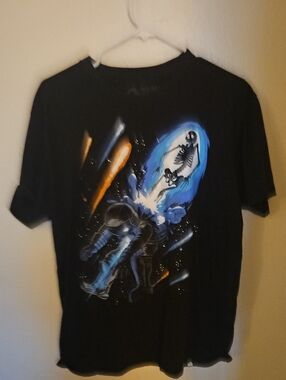 Black Graphic Tee with Astronaut & Skeleton Print